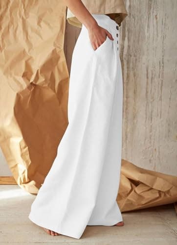 Chouyatou Women's Summer High Waisted Cotton Linen Palazzo Pants with Pockets