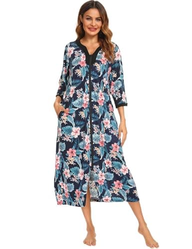 Bloggerlove Soft Cotton Zip Up Robes for Women Night Gown Long House Coat Half Sleeve Sleepwear