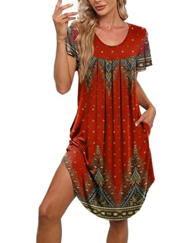 Bestshow Women's Pleated Front Loose Fit Short Sleeve Nightgown with Hand Pockets (S-5XL)