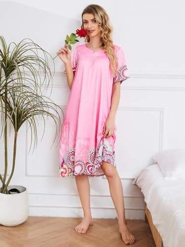 Explore House Dresses for Women with Pockets Moo Moo Nightgown Short Sleeve Mumu Dress Lounge Dress S-3XL