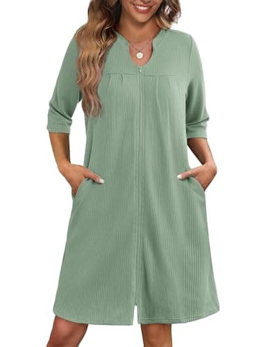 Ekouaer Women's 3/4 Sleeve Waffle Knit Zipper Bathrobe with Pockets S-3XL