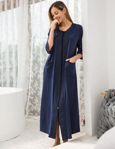 Ekouaer Women'sZipper 3/4 Sleeve Housecoat with Pockets