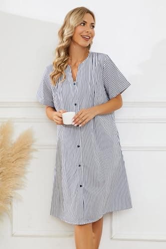 YOZLY Women's Cotton Duster Robe Short Sleeve Button Down Nightgown