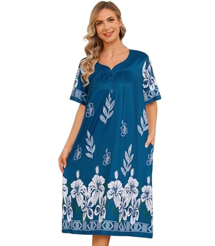 Flightbird Women's Short Sleeve Pockets Floral Print Nightgown