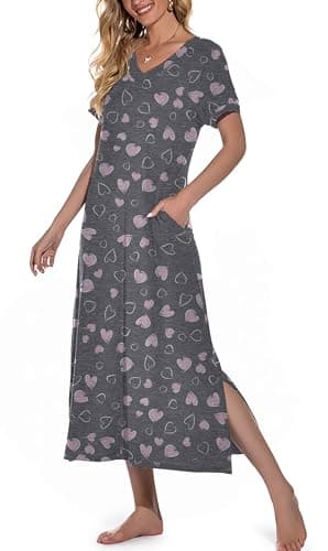PrinStory Women's Soft V-Neck Long Nightgown with Pockets