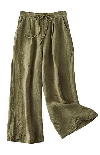 FTCayanz Women's Linen Cropped Wide Leg Pocket Pants Elastic Waist CasualPalazzo