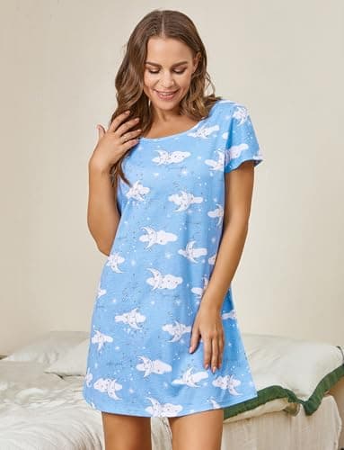 PNAEONG Women's Cotton Short Sleeve Nightgown Casual Print Sleepdress