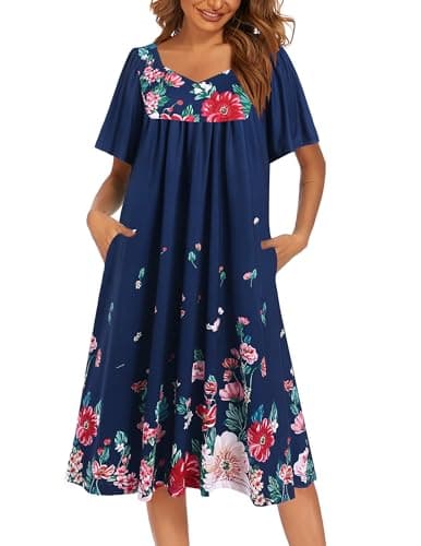 Ekouaer Women's Pleated Nightgown - Short Sleeves & Pockets
