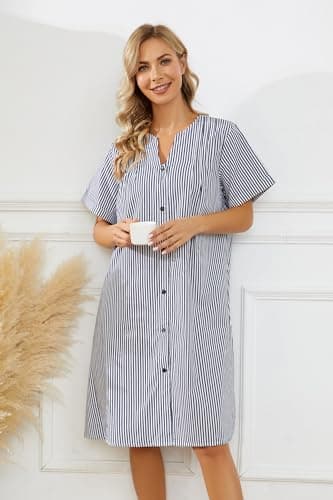 YOZLY Women's Cotton Duster Robe Short Sleeve Button Down Nightgown