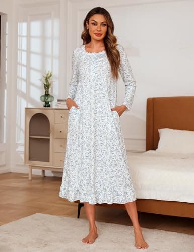 Marvmys Womens Long Sleeve Cotton Nightgown with Lace Trim and Pockets