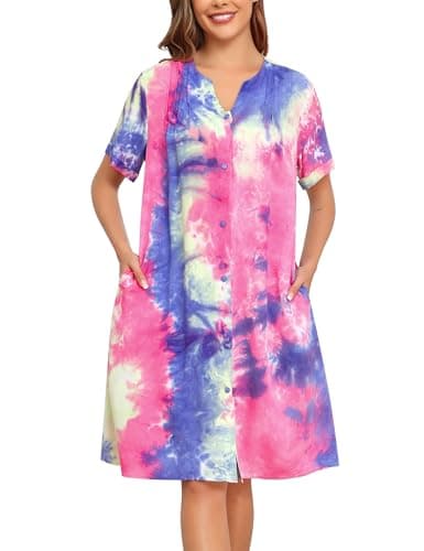 YOZLY Women's Cotton Duster Robe Short Sleeve Button Down Nightgown