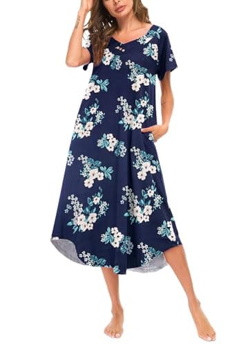 YOZLY Soft V-Neck Short Sleeve Nightgowns for Women with Pockets