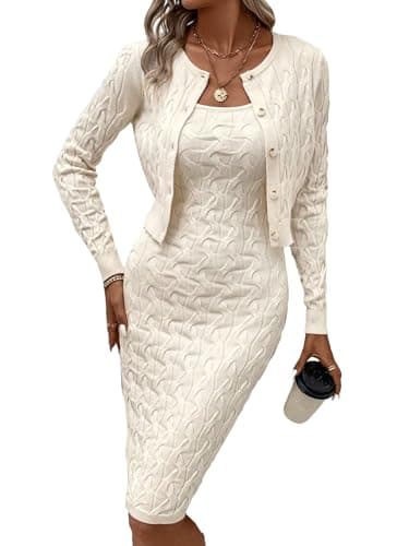Verdusa Women's Cable Knit Bodycon Sweater Dress & Button Front Cardigan Set