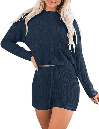 ZESICA Women's Casual Sweater Sets - Long Sleeve Cable Knit Tops and Drawstring Shorts