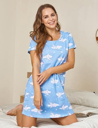PNAEONG Women's Cotton Short Sleeve Nightgown Casual Print Sleepdress