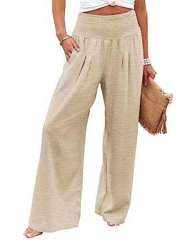 Angerella Women's High Waist Elastic Palazzo Pants with Pockets