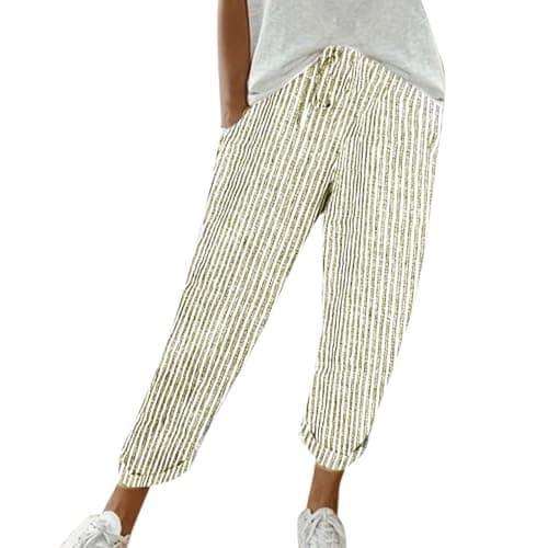 Women's Striped Linen Capri Pants with Elastic Waist and Pockets
