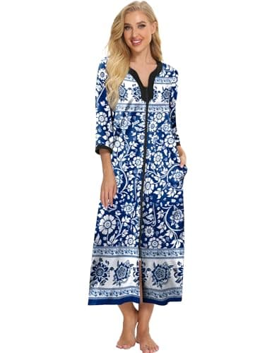 Bloggerlove Soft Cotton Zip Up Robes for Women Night Gown Long House Coat Half Sleeve Sleepwear