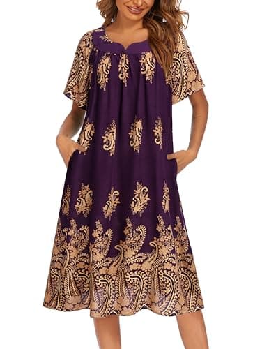 Ekouaer Womens Flower Print Nightgown Short Sleeve House Dress with Pockets