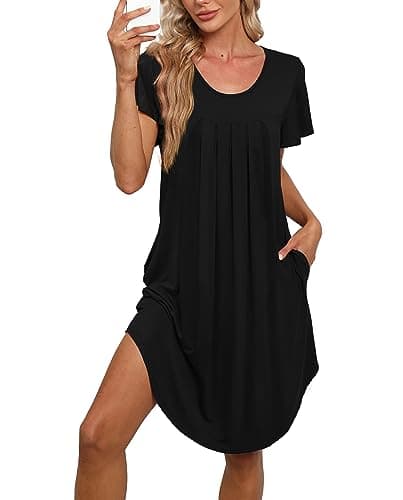 Bestshow Women's Pleated Front Loose Fit Short Sleeve Nightgown with Hand Pockets (S-5XL)