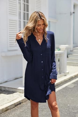 Ekouaer Women's Long Sleeve V-Neck Nightgown