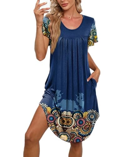 Bestshow Women's Pleated Front Loose Fit Short Sleeve Nightgown with Hand Pockets (S-5XL)
