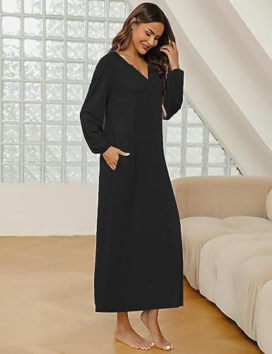 Marvmys Women's Cotton Long Sleeve Nightgown with Pockets