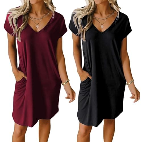 Ekouaer Womens V Neck Short Sleeve Nightgown with Pockets Plain/Floral