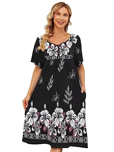 Womens House Dresses with Pockets - Moo Moo Nightgown Short Sleeve Mumu Dress Lounge Dress S-3XL