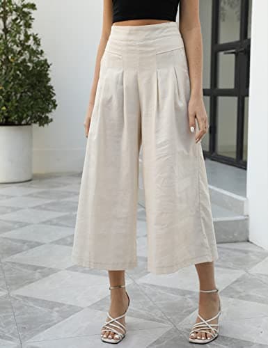 Gihuo Women's Wide Leg Linen Blend Culottes Pants with Pockets