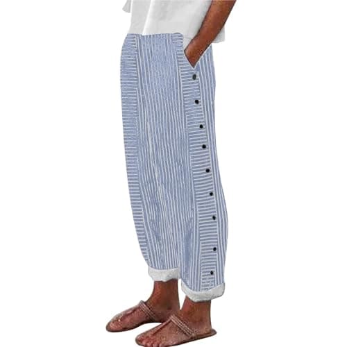 Trendy Women's Casual Linen Pants with Side Buttons and Pockets