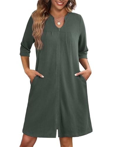 Ekouaer Women's 3/4 Sleeve Waffle Knit Zipper Bathrobe with Pockets S-3XL