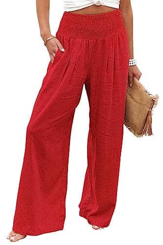 Chouuya Women's Smocked High-Waisted Cotton Linen Palazzo Pants Wide Leg with Pockets