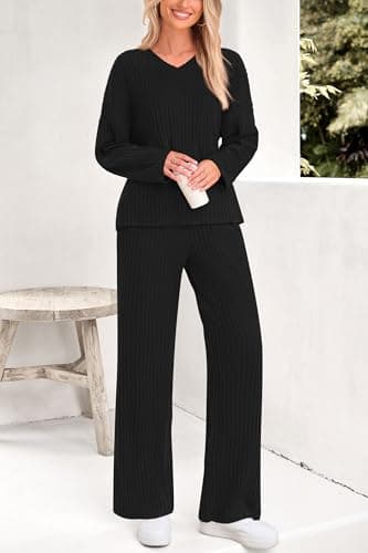 PRETTYGARDEN Women's Long Sleeve V Neck Top & Wide Leg Pants Spring Fall Outfits