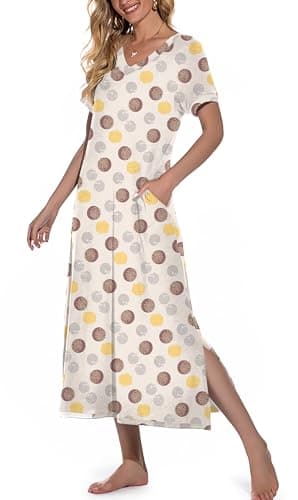 PrinStory Women's Soft V-Neck Long Nightgown with Pockets