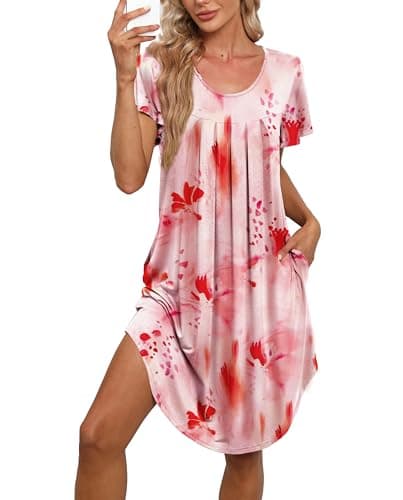 Bestshow Women's Pleated Front Loose Fit Short Sleeve Nightgown with Hand Pockets (S-5XL)