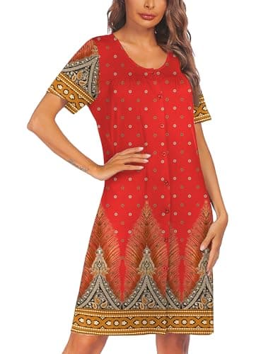 Ekouaer Women's Short Sleeve Pleated Nightgown - Button Down Snap Front S-2XL