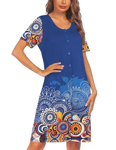 Ekouaer Women's Short Sleeve Pleated Nightgown - Button Down Snap Front S-2XL