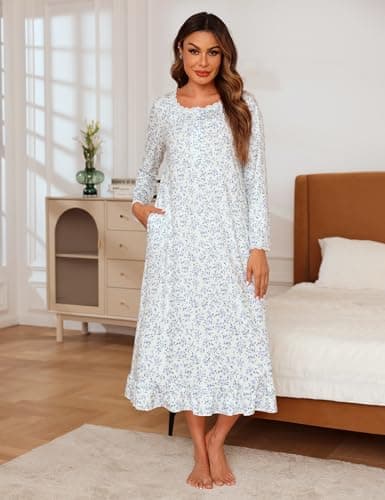 Marvmys Womens Long Sleeve Cotton Nightgown with Lace Trim and Pockets