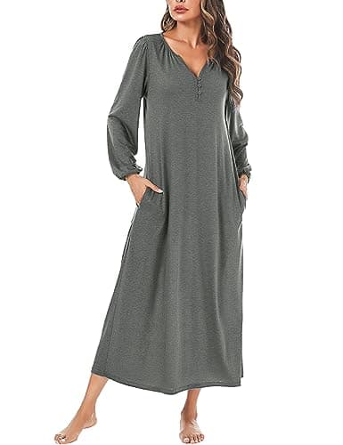 Marvmys Women's Cotton Long Sleeve Nightgown with Pockets