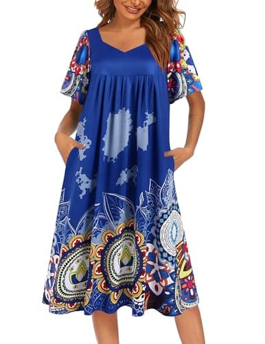 Ekouaer Women's Pleated Nightgown - Short Sleeves & Pockets