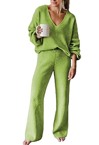 AOHITE Women's Casual V-Neck Knit Sweater Set with Wide Leg Pants
