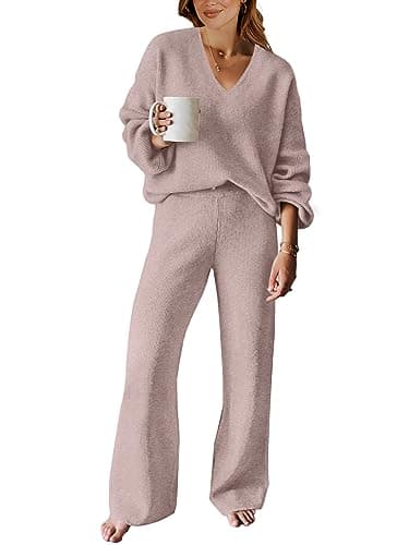 ANRABESS Women's Long Sleeve Cable Knit Sweater and Wide Leg Matching Tracksuit Set