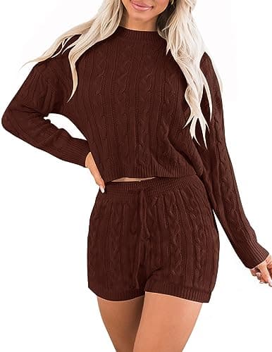 ZESICA Women's Casual Sweater Sets - Long Sleeve Cable Knit Tops and Drawstring Shorts