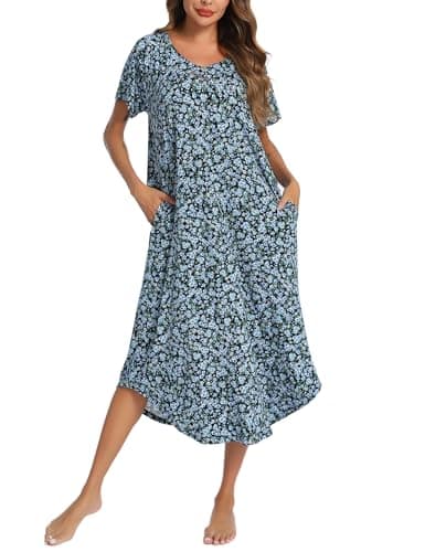 YOZLY Soft V-Neck Short Sleeve Nightgowns for Women with Pockets