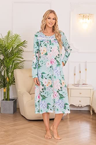 YOZLY Soft Cotton Long Sleeve Nightgown with Pockets