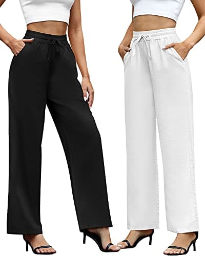 Ficerd Women's Cotton Linen High-Waisted Wide Leg Pants with Pockets