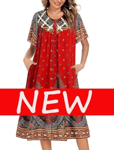 Ekouaer Women's Button Down Short Sleeve House Dress with Pockets S-4XL