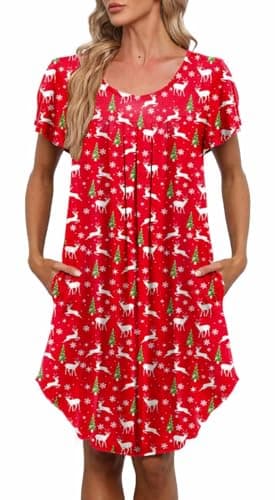 Bestshow Women's Pleated Front Loose Fit Short Sleeve Nightgown with Hand Pockets (S-5XL)