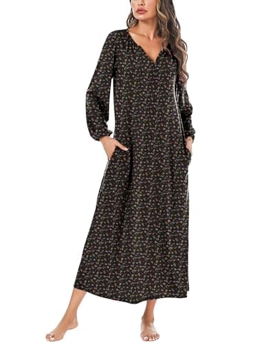 Marvmys Women's Cotton Long Sleeve Nightgown with Pockets
